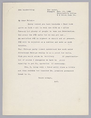 Carnegie writes about steel prices and competition with Chicago, noting Pittsburgh's advantages. He also writes on "Mrs. C's" [Carnegie's] condition