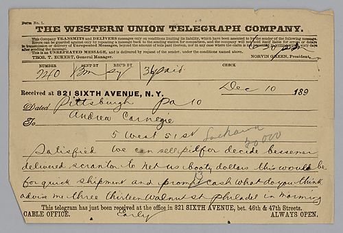 This telegram describes the terms of Bessemer pig sales for "booty dollars," meaning prompt cash for quick shipments