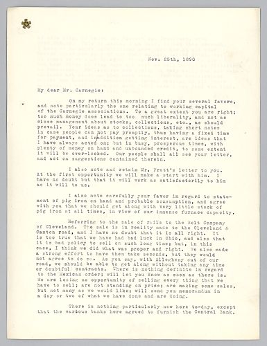 Frick writes his responses to Carnegie's various letters on collections, pig iron stockpiles, and Ohio business
