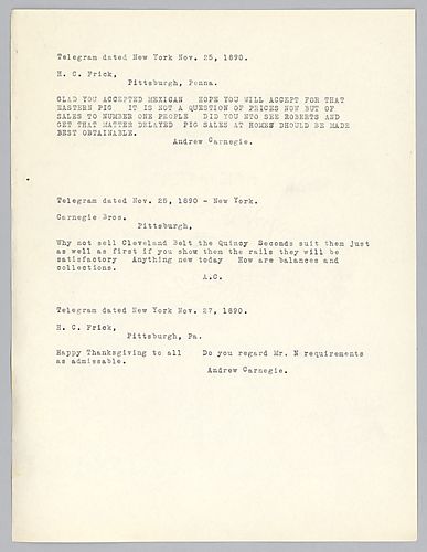 Carnegie writes to advise selling pig iron to eastern companies and to congratulate Frick on accepting Mexican business. In handwritten post-scripts, Carnegie suggests sales to Cleveland Belt of Quincy second rails and asks about "Mr. N's" requirements