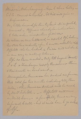 Carnegie writes from New York, [N.Y.] on selling pig iron excess, even at a greatly reduced price and giving notes to purchases previously made in cash. In a handwritten post-script, Carnegie describes the pig iron situations at various mills