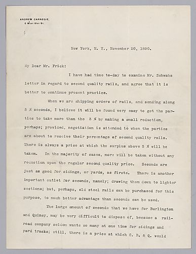 Carnegie writes from New York, [N.Y.] on reducing the stockpile of second quality rails, even if prices must be reduced