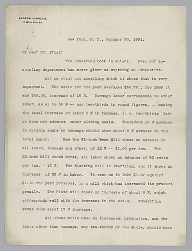 Carnegie discusses the Homestead [accounting] book and compares production and the wage scale to other mills and announces his interest in conducting a thorough investigation of homestead labor forces