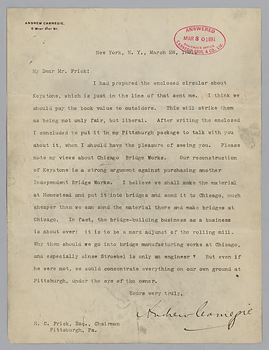 Writing from New York, Carnegie discusses Keystone [Bridge Works] and Chicago Bridge Works