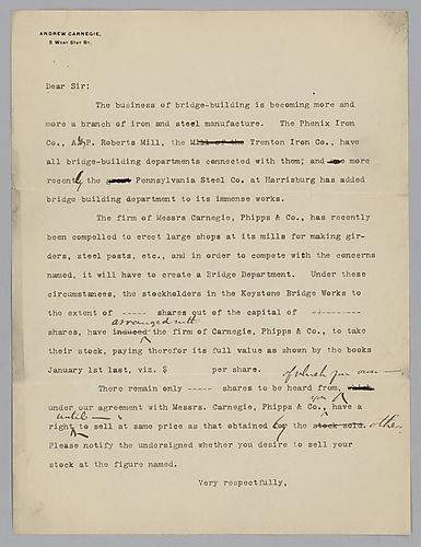 Letter discusses the business of bridge building and states that in order for Carnegie, Phipps and Company to compete, they will have to create a bridge department. Letter attached to Andrew Carnegie to Henry Clay Frick, March 28, 1891