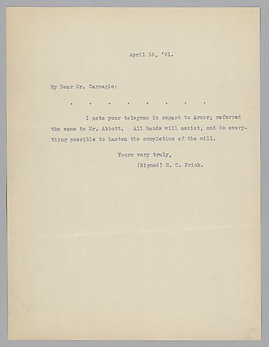 Frick indicates receiving Carnegie's telegram about armor and states "All hands will assist, and do everything possible to hasten the completion of the mill."