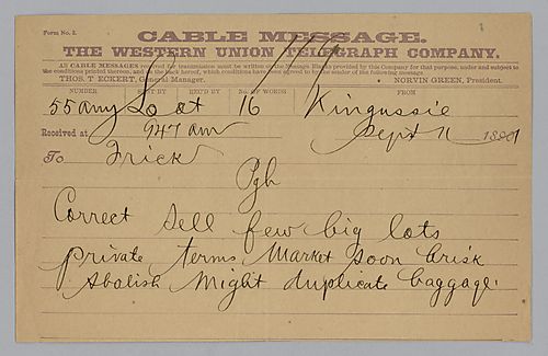 Writing from Kingussie, [Scotland], Carnegie states, "Correct sell few big lots private terms market soon brisk abolish might duplicate baggage."