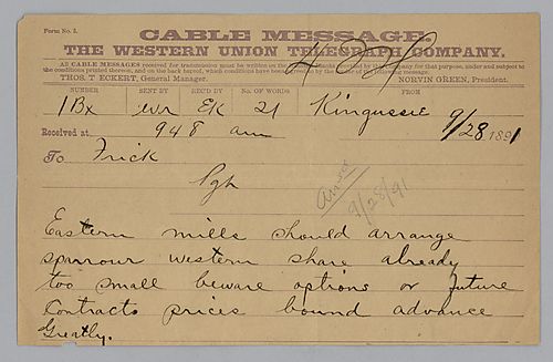 [Carnegie] sends message from Kingussie, [Scotland], advising Frick on eastern mills, options and "future contract prices"