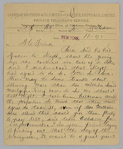 Carnegie writes from New York and discusses a contract and a two million second mortgage on the sale of undisclosed properties. Also, Carnegie comments on [William] Rainey