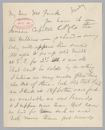Carnegie discusses the opening of old mill at the "E.T." [Edgar Thomson], manufacturing of split bars, re-rolling old steel rails and a matter involving Mr. Roberts [from Pennsylvania Railroad]. Also, he informs Frick he will attend the launching of the [