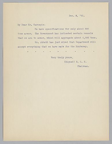 Frick informs Carnegie on matters involving the production of armor for [Naval] ships