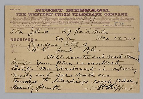 [Henry] Phipps, Jr. writes from Pasadena, California informing Frick that he "will execute and mail the document tonight" and that Mr. Vandovert health is improving and will arrive in Pittsburgh on the twenty fourth