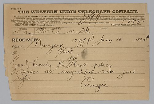 Carnegie writes from New York saying, "Good honesty the best policy serves an ungrateful man just right."