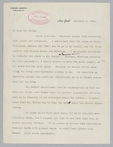 Writing from New York, Carnegie discusses transfer of stock to Mr. Gayley and Morrison, finding the partner responsible in the "table oversight" and the price of ore