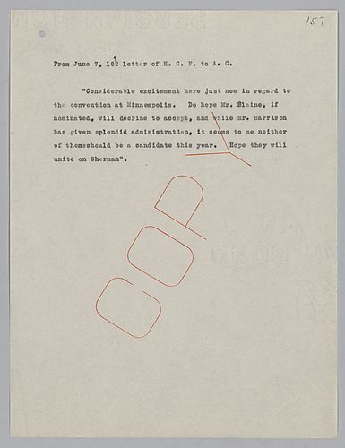 Frick discusses the "Considerable excitement" at the [Republican] convention at Minneapolis. This letter is an extract from a letter from Henry Clay Frick to Andrew Carnegie, June 7, 1892