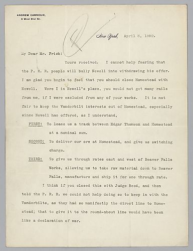 Writing from New York, Carnegie advises Frick on a matter involving a Vanderbilt offer on rail lines and rates between Edgar Thomson, Homestead and Homestead