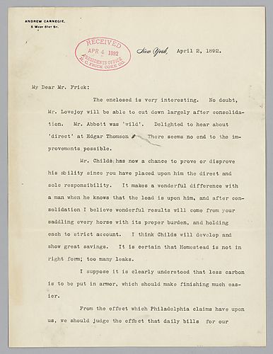 Writing from New York, Carnegie discusses Mr. Childs opportunity to "prove or disprove his ability" [after the retirement of William Abbott]. Also, Carnegie lays out a possible settlement for William Abbott's retirement. Handwritten note at the end of the
