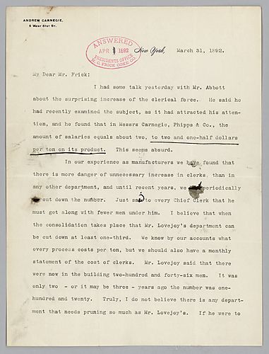 Writing from New York, Carnegie discusses the salaries of clerks at Carnegie, Phipps and Company and recommends the need to eliminate several of the positions. Handwritten postscript that makes reference to Pennsylvania Railroad and Homestead