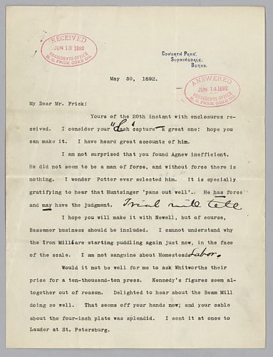 Writing from Coworth Park, Sunnidale, Berks, [England], Carnegie comments on employees, iron mills and the iron clad agreement to be signed by Phipps, Abbott and himself