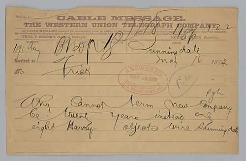 A telegram from [Coworth Park], Sunnidale, [Berks, England] which states, "Why cannot term new company be twenty years instead only eight Harry objects wire Sunnidale."