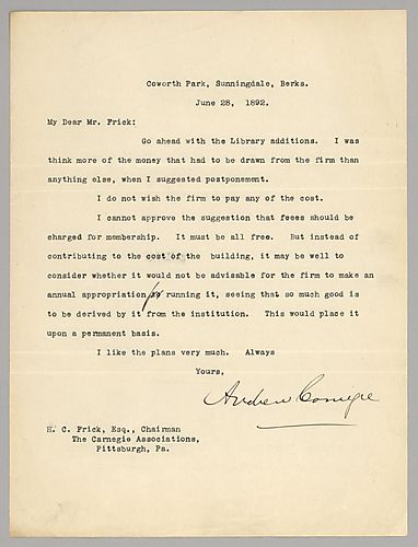 Carnegie writes from Coworth Park, Sunningdale, Berk[shire, England] on funding the library and that membership should be free