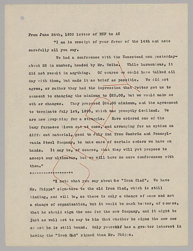 Frick writes on negotiations at Homestead and the current situation for getting Mr. Phipps to sign the "Iron Clad."