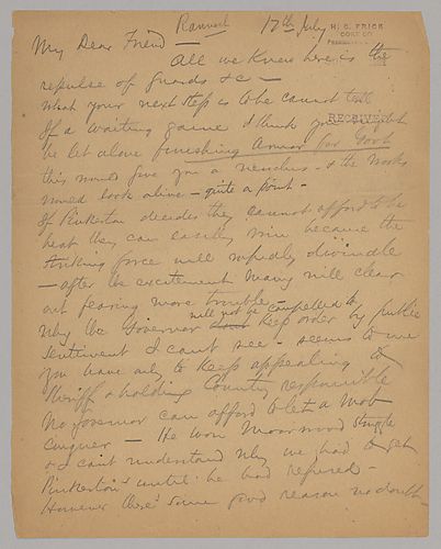 Carnegie writes from Rannoch, [Scotland] on the violence at Homestead citing poor management from Potter. He then writes of the need to move on and reorganize without the strikers, according to Frick's judgment, and Schwab as the manager