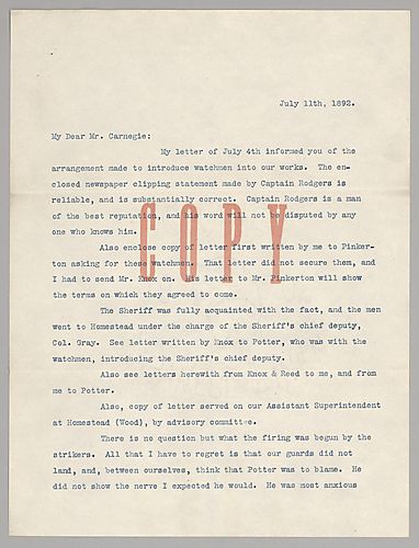 Frick writes that the violence at Homestead was begun by the strikers. He also says he believed the introduction of guards might spark this, but that it would allow them to regain control more quickly