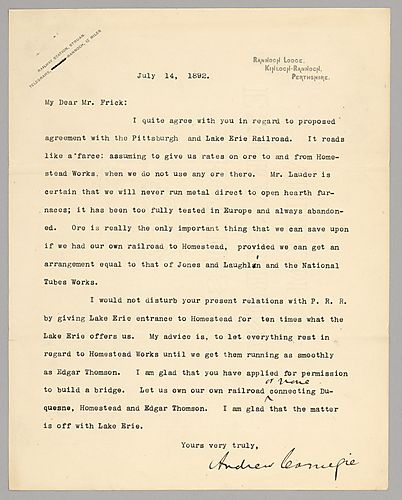 Carnegie writes from Rannoch, [Scotland] on rejecting the offer from Lake Erie Railroad to move ore to Homestead because it would disrupt relations with the Pennsylvania Railroad Company