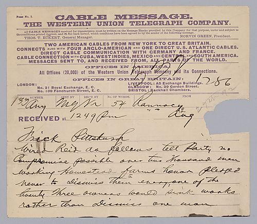 Carnegie writes from Rannoch, [Scotland] that no compromise is possible and that the strikebreakers should remain at work at all costs