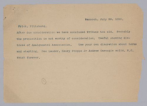 Carnegie writes from Rannoch, [Scotland] to say that the Amalgamated Association's proposition is probably not worthy of consideration
