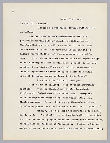 Frick writes to say that Carnegie should have been more clear in telling Mr. Reid that there would be absolutely no negotiations with Amalgamated Association