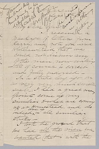 Carnegie writes on his position not to discharge any men in order to rehire a striker. He also discusses his feelings on treason charges being worked on by Mr. Knox