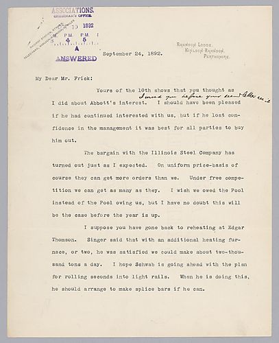 Carnegie writes on buying out Abbott, Schwab's work at Edgar Thomson, and Knox's charges and explanations for treason. In a handwritten post-script, he writes on Frick's dedication to work despite personal health problems