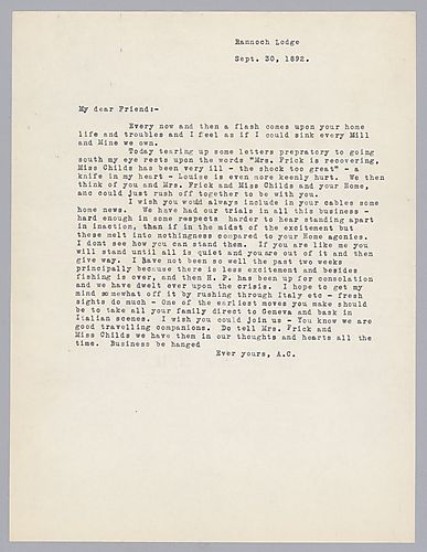 Carnegie writes his feelings that the health of Frick, his wife, and Miss Childs is more valuable than all his business and asks Frick to continually update him on their progress