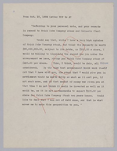 Frick writes that his motive for liquidating stock to Carnegie in the Frick Coke Company is to get out of debt