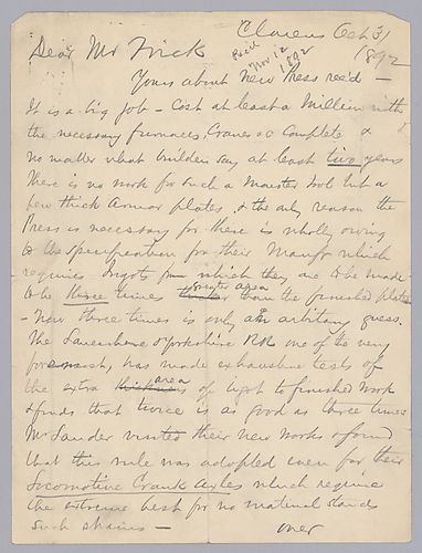 Carnegie writes from Clarens, [Switzerland] on negotiating with the Navy to change armor specifications to be equally effective but more easily produced