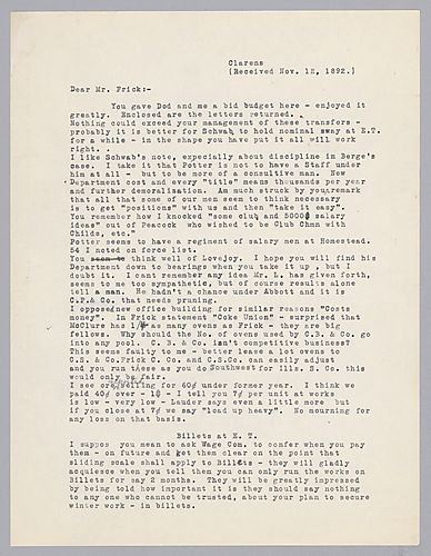 Carnegie writes from Clarens, [Switzerland] on Frick's management decisions as well as ore prices and billets