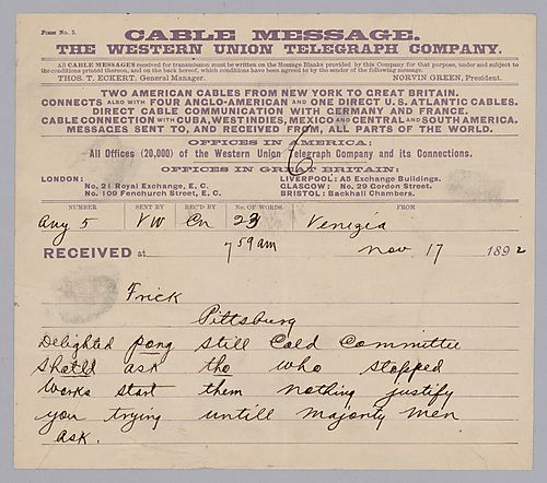 Carnegie writes from Venice, [Italy] on business affairs as well as some of his vacation highlights