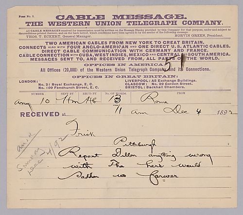 Carnegie writes from Rome, [Italy] to ask about Dillan