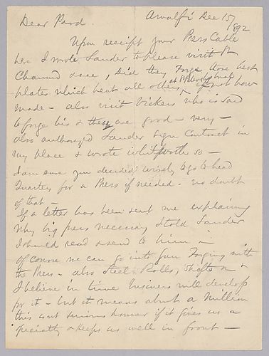 Carnegie writes from Amalfi, [Italy] on the potential need to purchase a press for armor and possibly gun forging. He also describes the beauty of the area