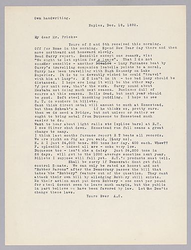 Carnegie writes from Naples, [Italy] on Mr. Curry's reports, mill production, and Democrats changing laws