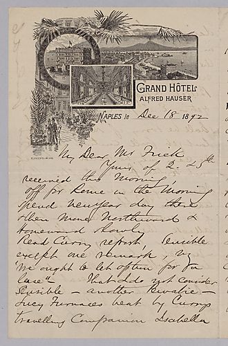 Carnegie writes from Naples, [Italy] on Mr. Curry's reports, mill production, and Democrats changing laws