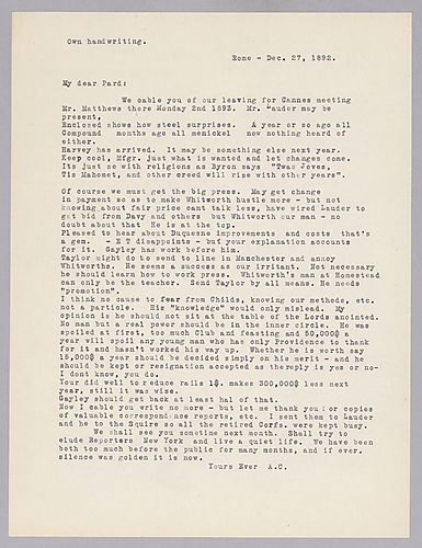 Carnegie writes from Rome, [Italy] on production at Edgar Thomson, the salary of Mr. Childs, and Frick's decision to lower rail prices