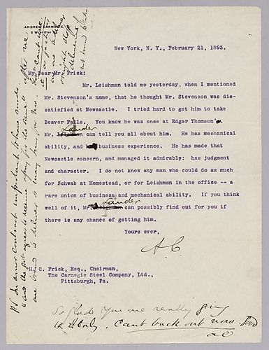 Carnegie writes from New York, NY on the potential help found in Mr. Stevenson to Schwab and Leishman. In a handwritten post-script, Carnegie inquires about armor contracts
