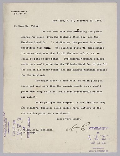 Carnegie writes from New York, NY on collecting patent charges from the Illinois Steel Company and Maryland Steel Company