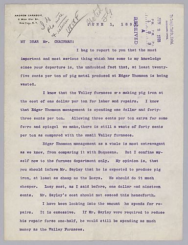 Carnegie writes from New York on waste at Edgar Thomson and his measures to eliminate it