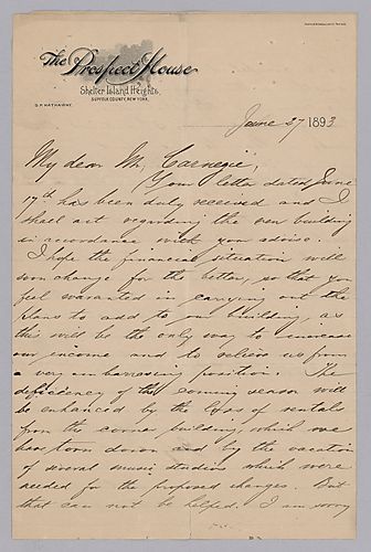 Reno writes from Shelter Island Heights, Suffolk County, New York on the loan situation for continued construction and expansion of Carnegie's music hall