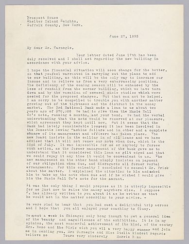 Reno writes from Shelter Island Heights, Suffolk County, New York on the loan situation for continued construction and expansion of Carnegie's music hall