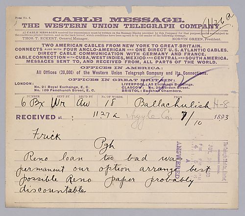 Carnegie writes from Ballachulish, [Scotland] on the Reno loan situation falling through